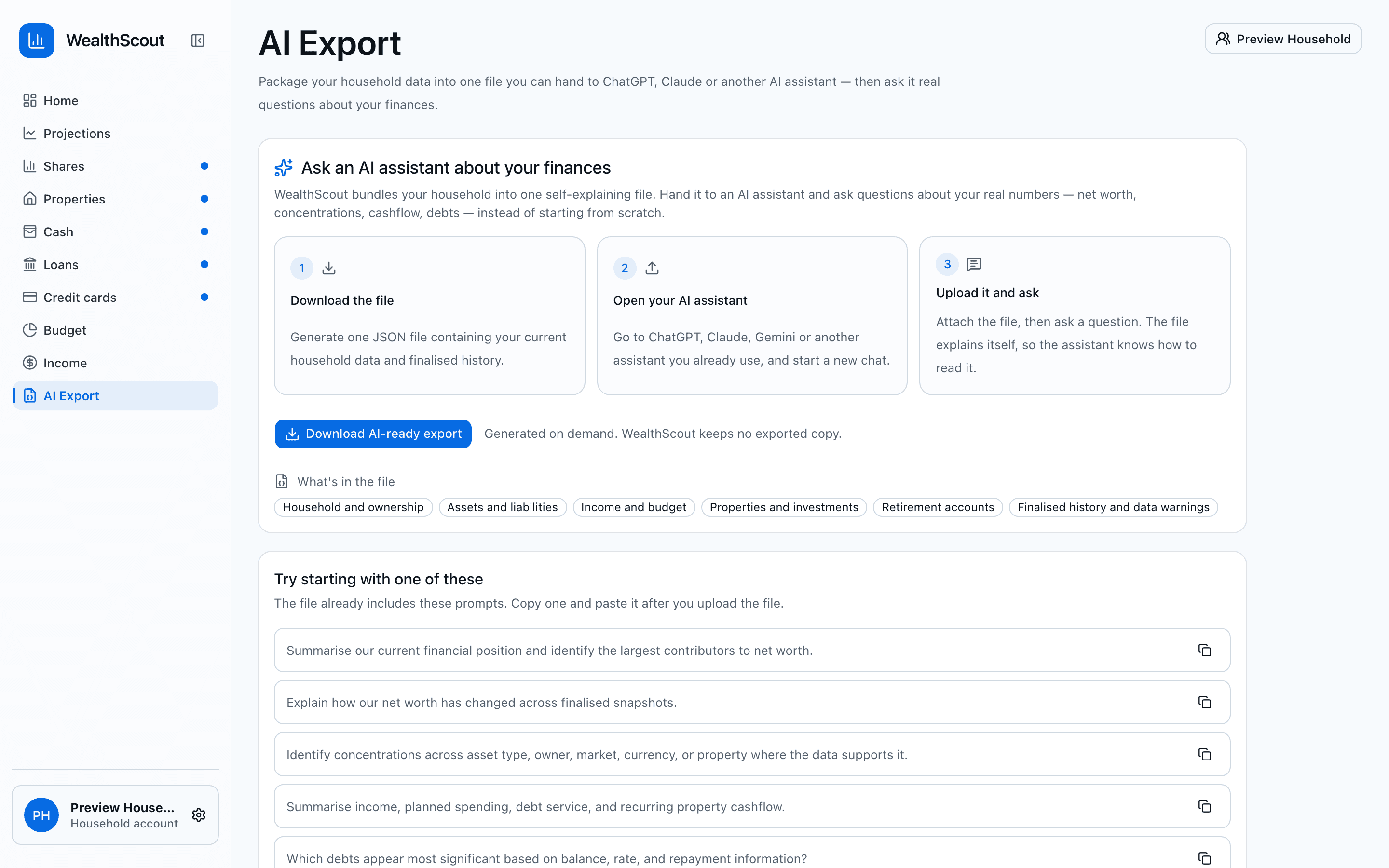 WealthScout AI export module preparing household finances as structured JSON
