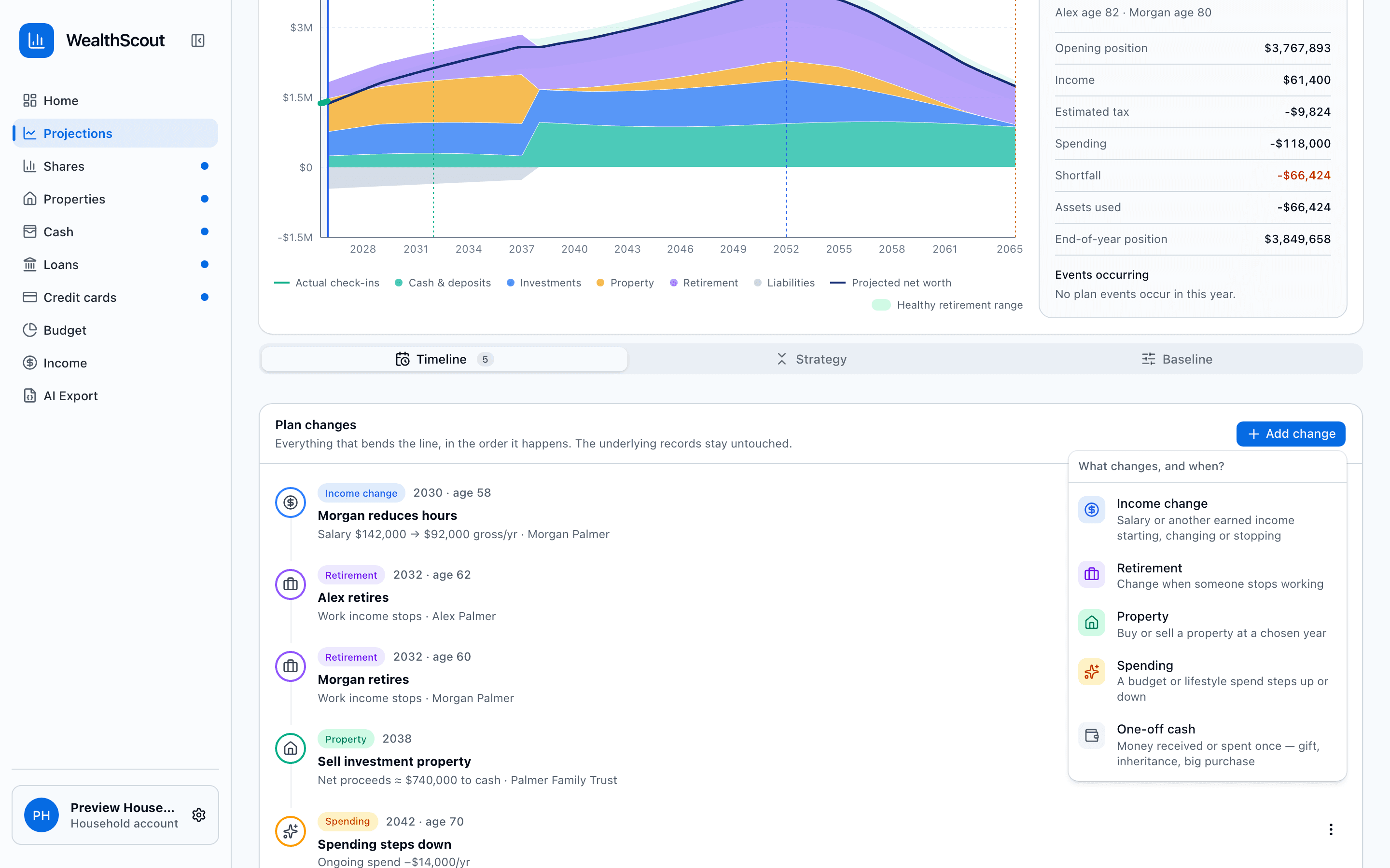 WealthScout projections add-change menu with income, retirement, property, spending and cash event types