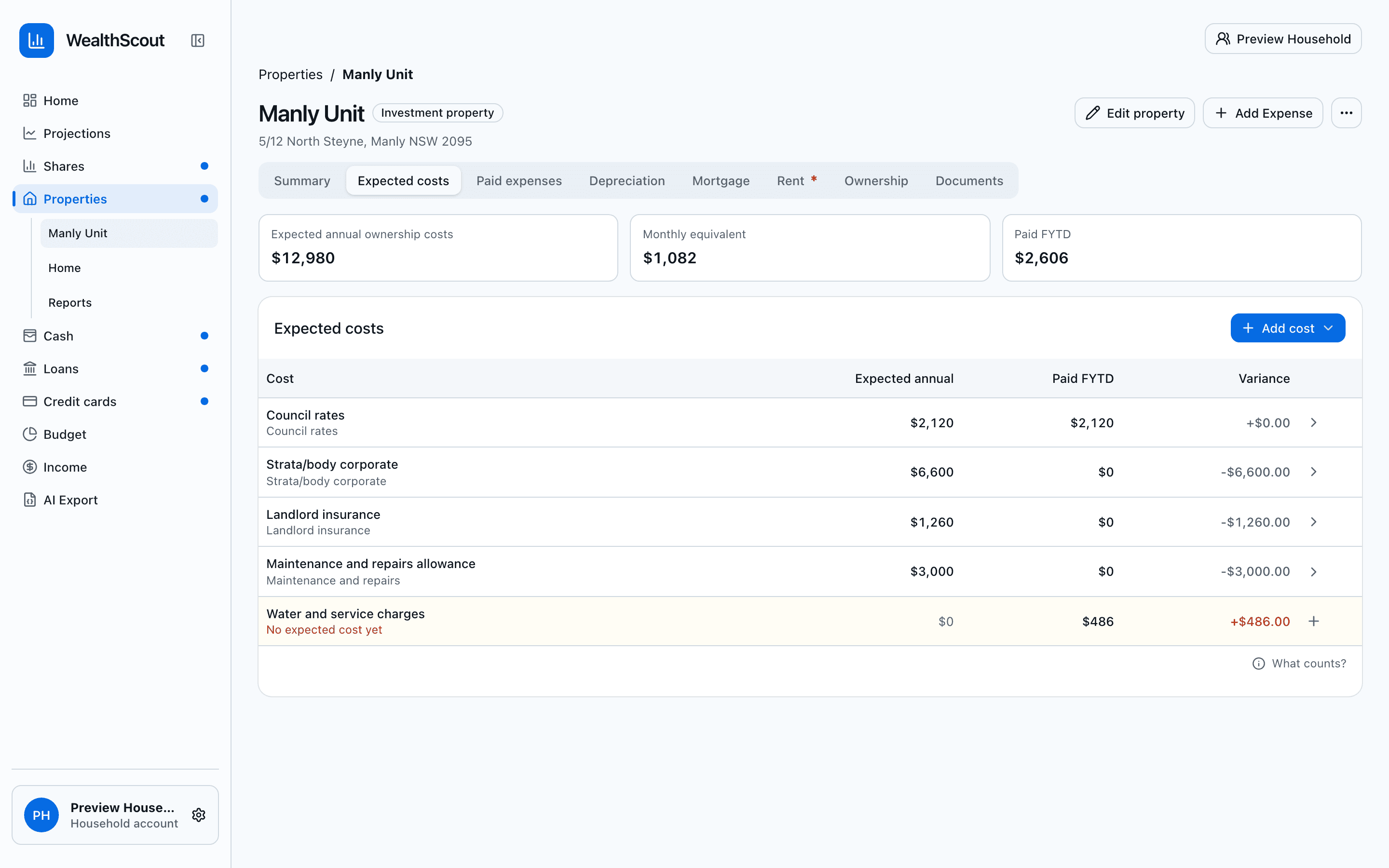 WealthScout property expected costs tab comparing planned and paid amounts by category