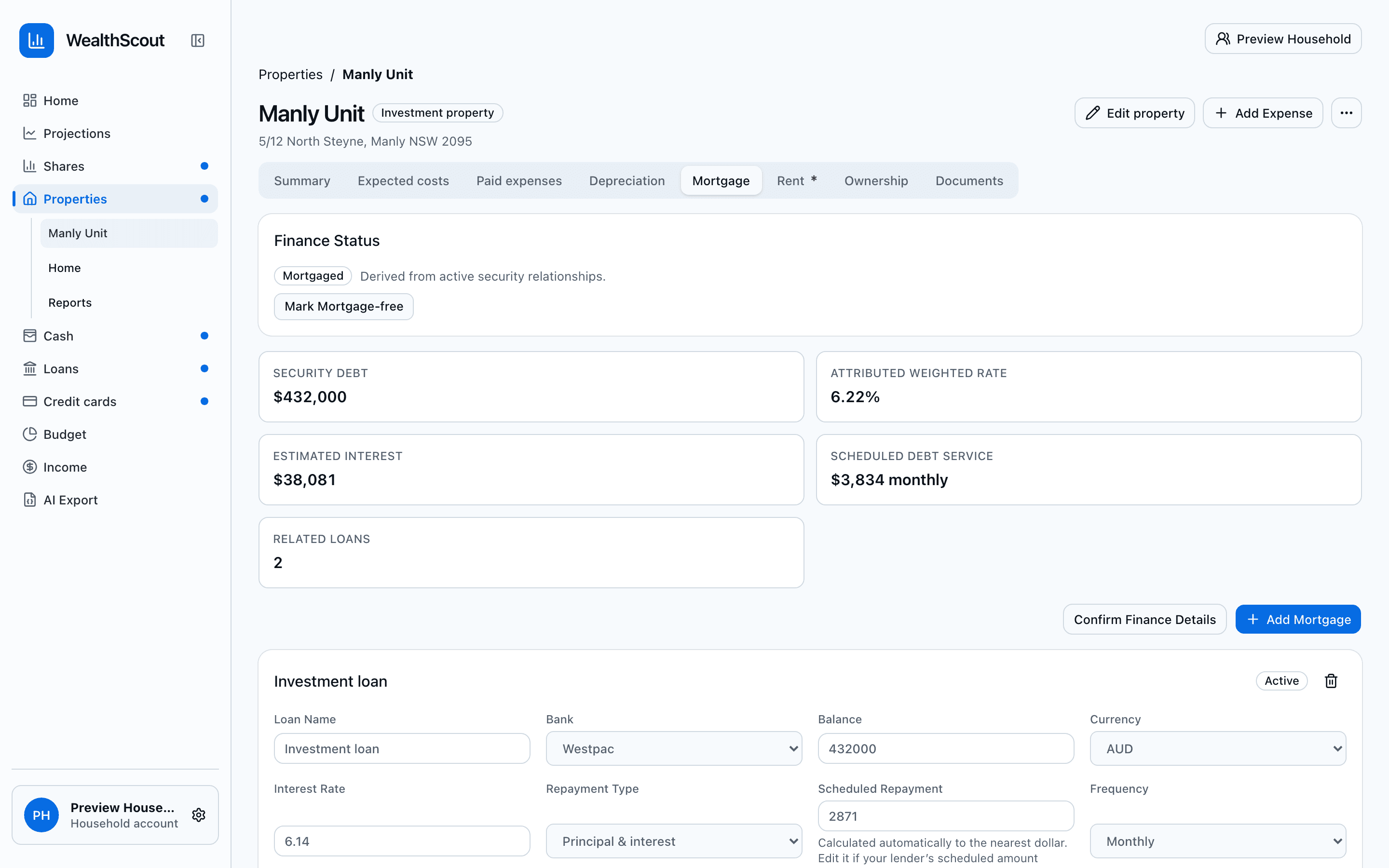 WealthScout property mortgage tab showing an investment loan with balance, interest rate and repayment details