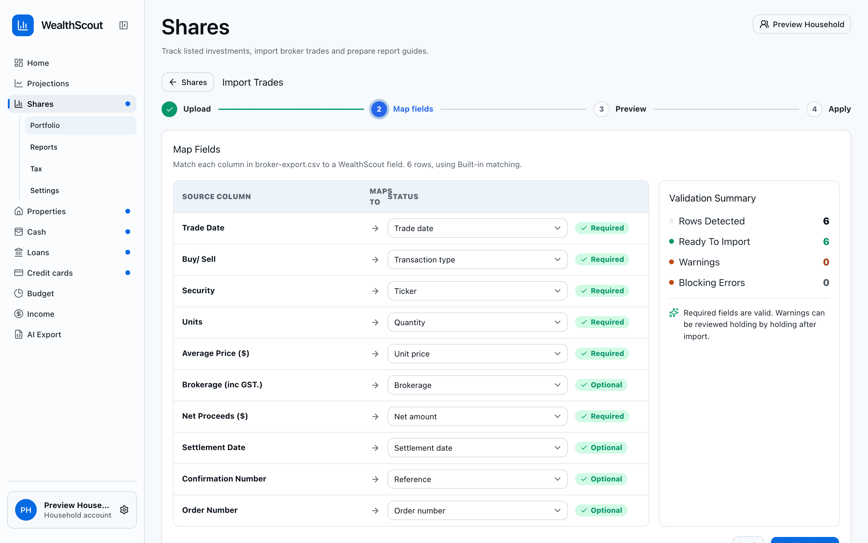 WealthScout share import wizard showing the validation summary and column mapping step